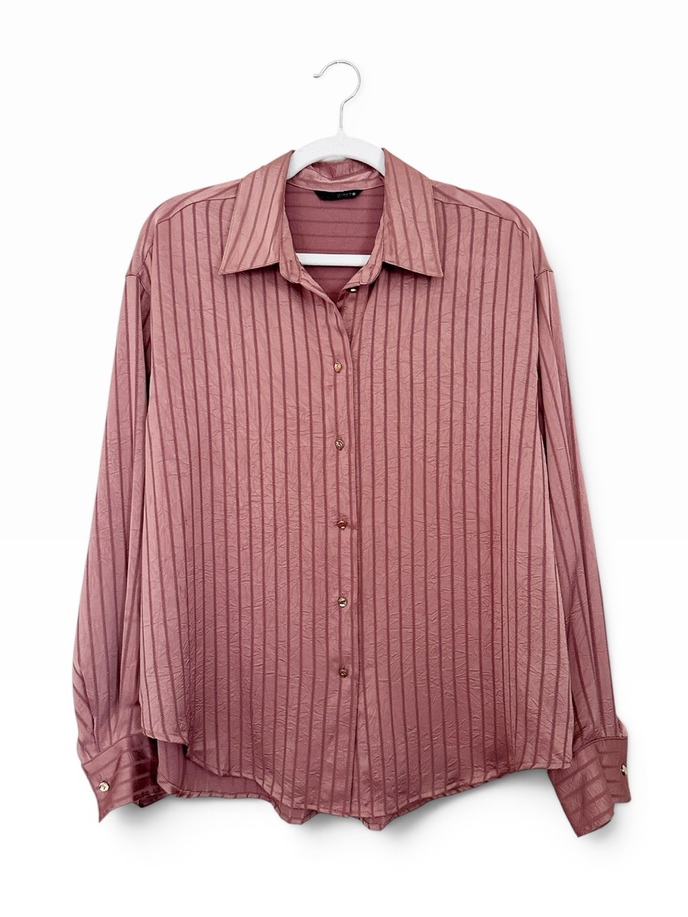 ZARA Satin Effect Striped Button Down Shirt Blouse Mauve Dusty Pink Size XS
